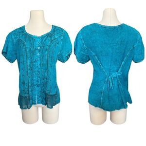 Flower Vintage Teal Embroidered Top Tie-Back Free Size Boho Festival Cottagecore